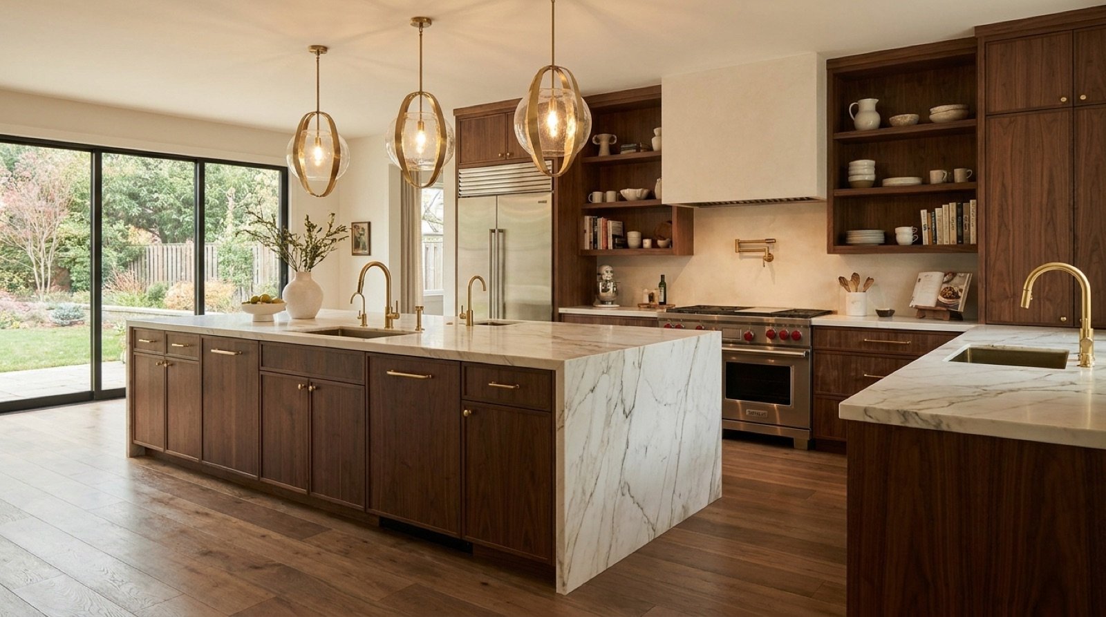 A completed Atelier North kitchen: fumed oak cabinetry, honed stone island, and brushed bronze fixtures in morning light