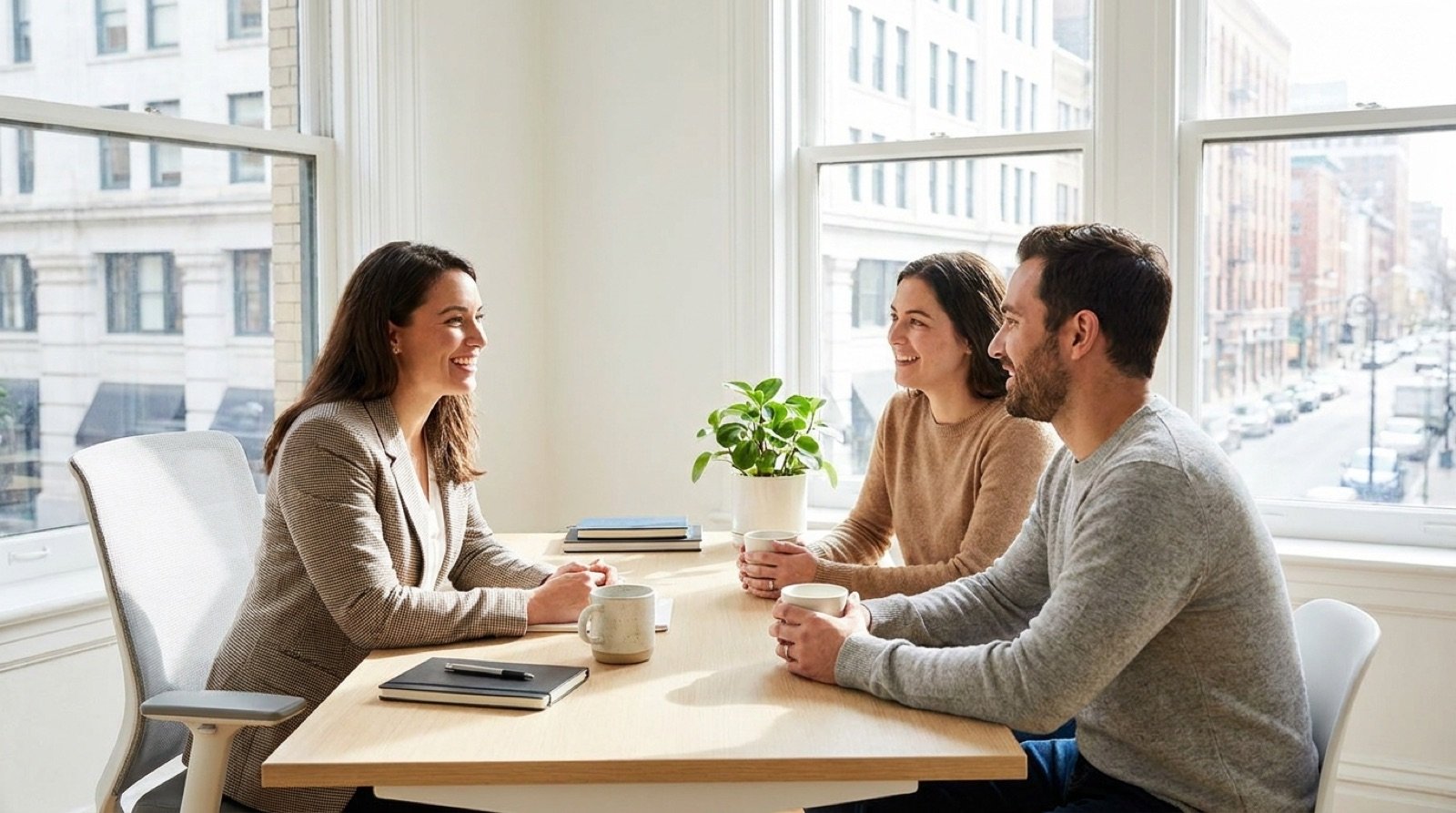 A calm, unhurried planning conversation across a desk — statements out, questions welcome.