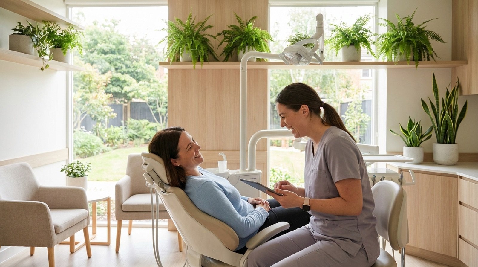 A relaxed patient reclining comfortably in a calm, sunlit dental room