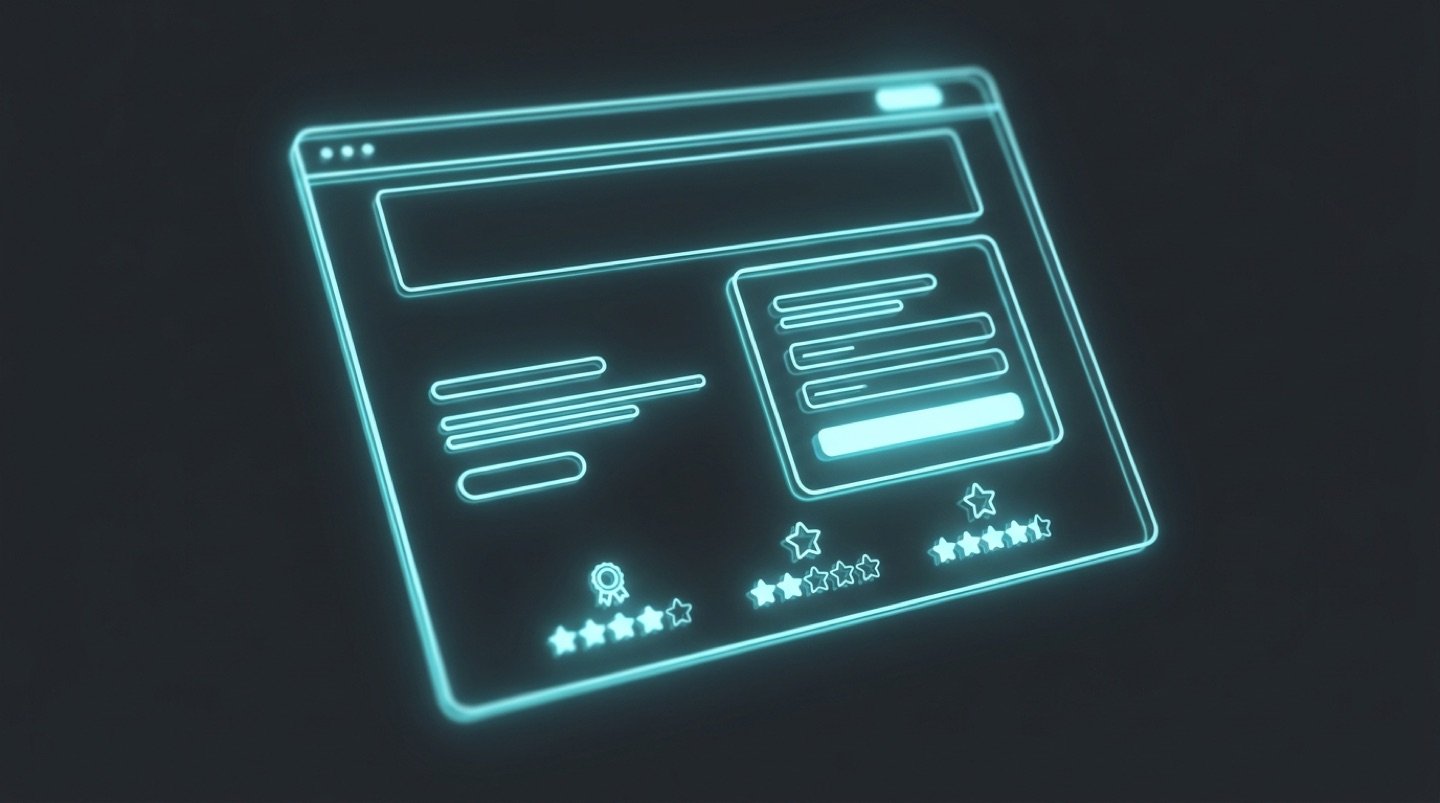 3D wireframe of a landing page: a large headline block beside a prominent contact form card, with small proof elements below