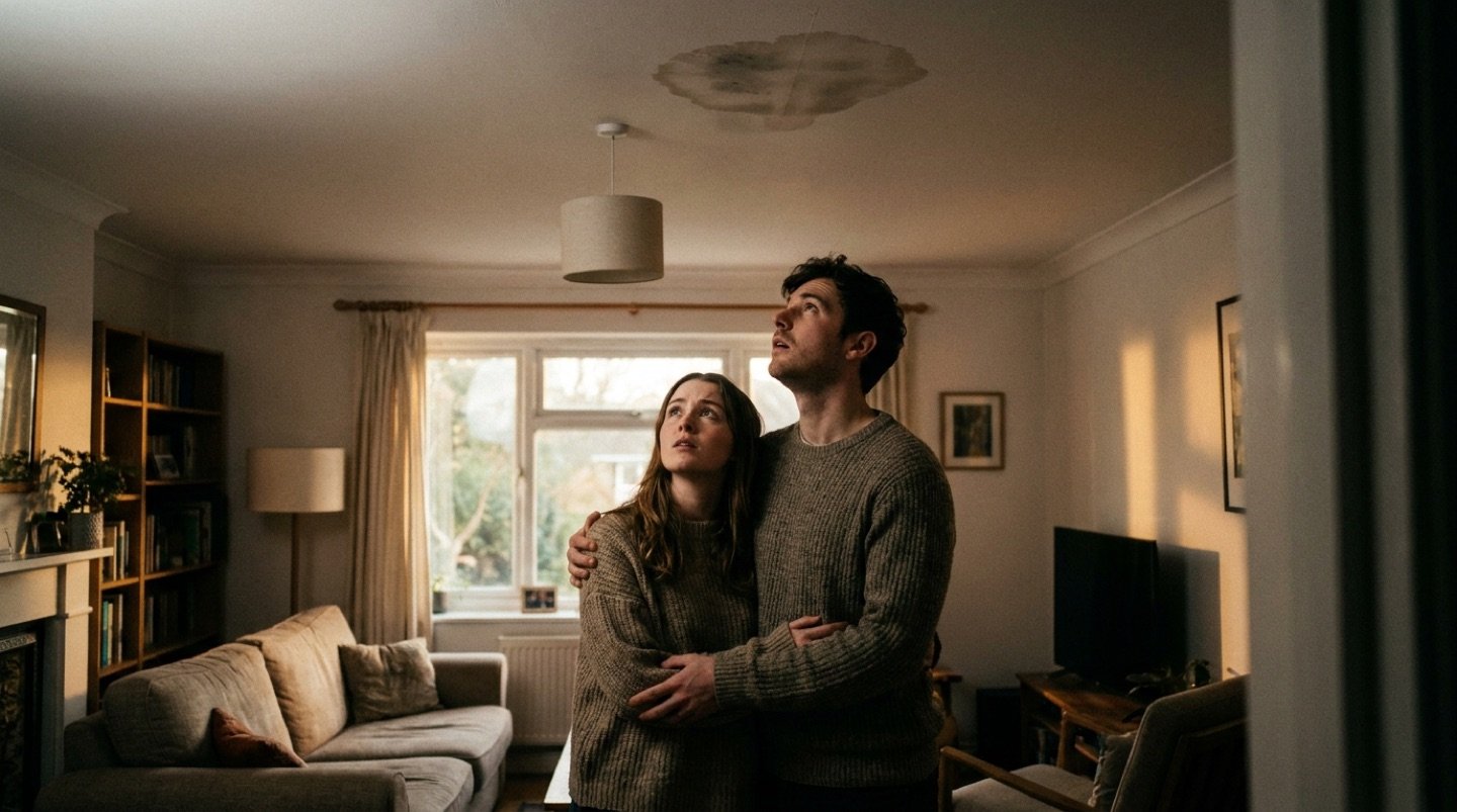 A couple in their living room looking up with concern at a water stain spreading across the ceiling