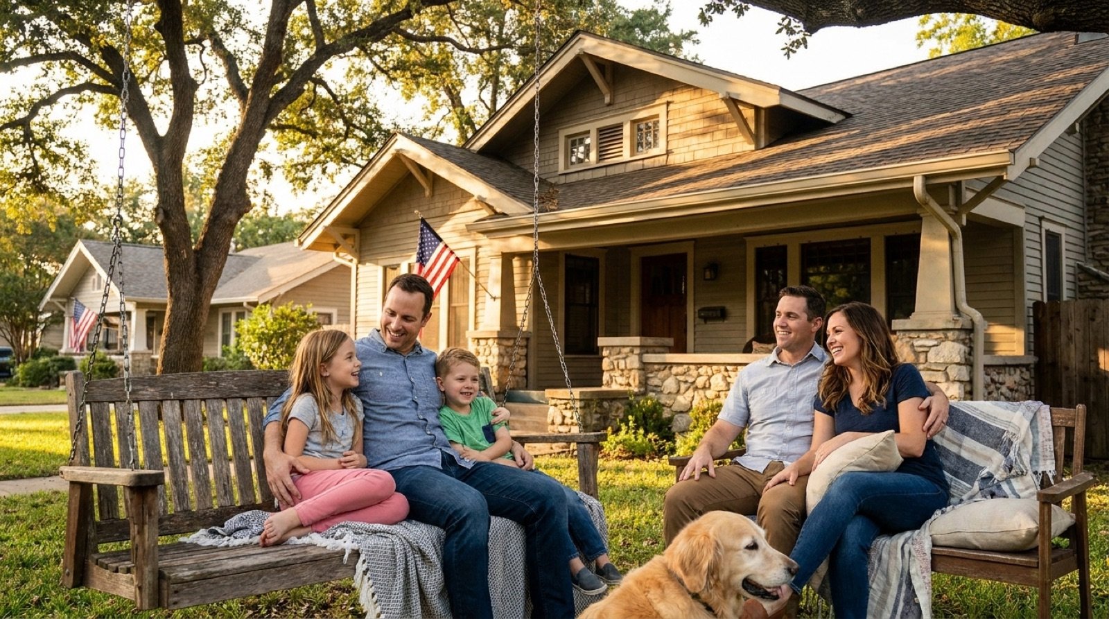 A family relaxing on the porch of their home