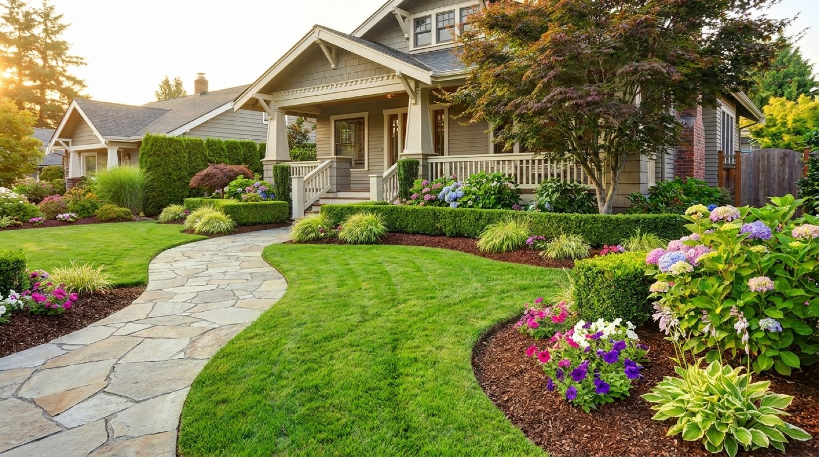 The finished backyard: layered planting, defined lawn and stone patio