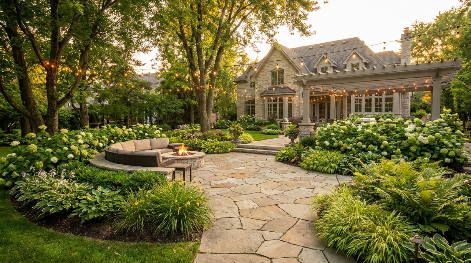 A lush backyard at golden hour with layered planting and a stone patio