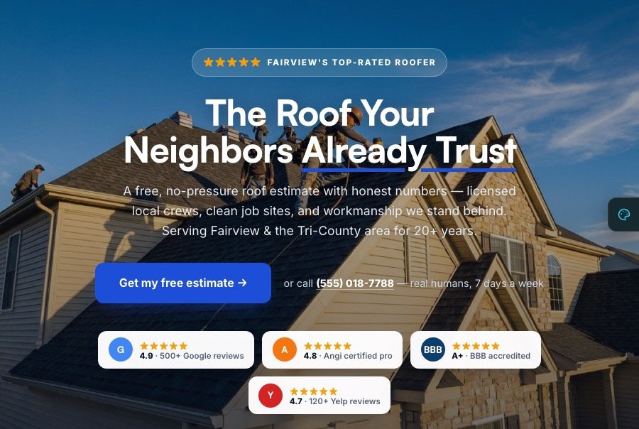 Roofing landing page demo — bold, review-led