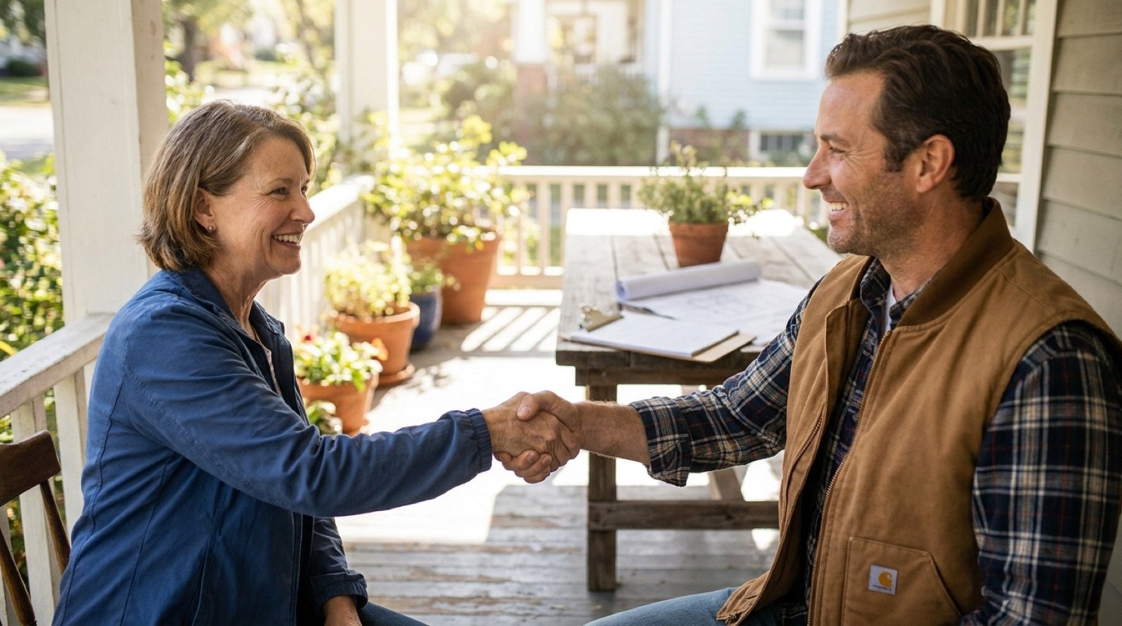 A FreshStart crew lead shaking hands with a happy customer at her front door